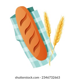 Pan hecho en casa en un mantel de gingham, trigo. Comida hogareña, pastelería. Pasteles de la masa. Hornear, panadería, cocinar, productos dulces y postre. Vector para afiches, pancartas, menú