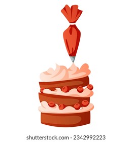 Homemade baked cake with pastry bag cream, berries, pastry products. Pastries from the dough.Baking, bakery shop, cooking, sweet products, dessert.Vector for poster, banner, menu, cover, advertising