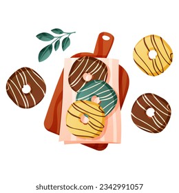 Donuts caseros horneados con ingredientes para cortar, productos de pastelería. Pasteles de la masa.Hormigón, panadería, cocina, productos dulces, postre.Vector de póster, pancarta, menú, portada, publicidad