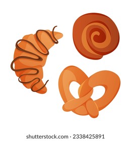 cruasán francés casero, pretzel alemán, panecillos, pastelería. Pasteles de la masa.Hormigón, panadería, cocina, productos dulces, postre.Vector de póster, pancarta, menú, portada, publicidad