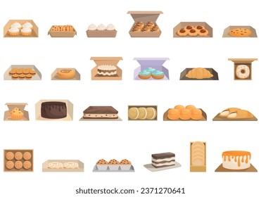Homemade baked goods delivery icons set cartoon vector. Chocolate food. Cooking menu