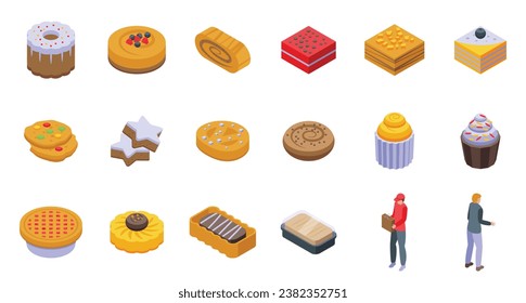 Homemade baked goods delivery icons set isometric vector. Chocolate food cooking. Menu chef fruit