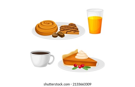 Homemade baked products set. Roll bun, cookie, pumpkin pie, glass of juice and cup of coffee cartoon vector illustration