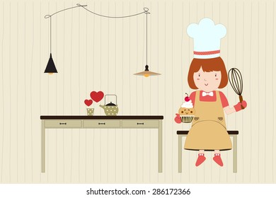 Homemade bakery. Coffee and bakery. Pretty girl. Vector illustration