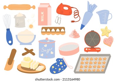 Colección de panadería casera en diseño de caricaturas planas. Utensilios de cocina e ingredientes para preparar postres. Págulos rodante, harina, leche, bizcocho, huevos y otros elementos aislados. Ilustración del vector