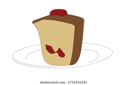 Conceito de padaria caseira para fundo e papel de parede. Um desenho de linha de bolo de morango recém-assado em um prato, mostrando um macio.   Vetor feito à mão não Al