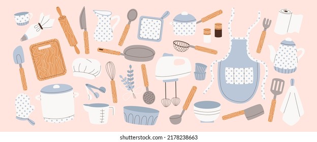 Homemade bakery, cooking, kitchenware set. Kitchen and baking utensils, supplies, tools, equipment, cutlery. Cook appliances, accessories collection. Flat vector illustrations of cookware objects.