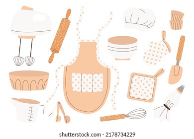 Panadería casera, cocina, utensilios de cocina. Cocina, utensilios de horneado, suministros, herramientas, equipo, cubiertos, equipo de preparación de alimentos. Mezclador, delantal, bigote, formas, escápula. Ilustraciones vectoriales planas.