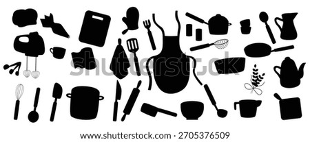 Homemade bakery, cooking, kitchenware set. Kitchen and baking utensils, supplies, tools, equipment, cutlery. Cook appliances, accessories collection. Flat illustrations of cookware objects.