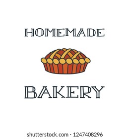Homemade bakery. Handwritten lettering with Illustration of a pie on white background. Can be used for menu, logo or flyer. Vector 8 EPS.