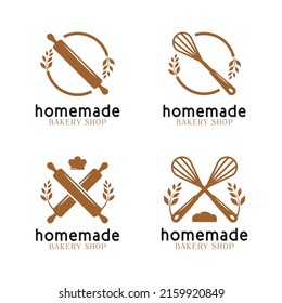 Homemade bakery logo collection. Rolling pin and whisk tool vector. Food or bread symbol with wheat icon