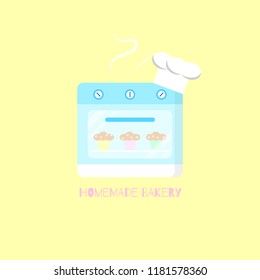 homemade bakery logo label icon sticker with oven,muffin,and chef hat in yellow background for restaurant and kitchen flat vector illustration design isolated minimal