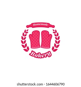 Homemade bakery store badge logo with pink oven glove icon symbol vector illustration