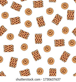 Homemade baking with jam seamless pattern. Doodle sketch illustration. Hand drawn pastries digital paper. Freehand vector drawings isolated on white background.