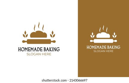 Homemade baking logo design. Symbol with bread, rolling pin, and wheat concept for bakery store