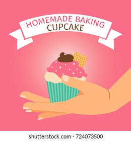 Homemade baking vector illustration with cute pink cupcake