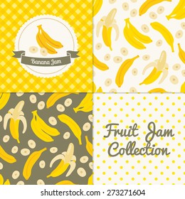 Homemade banana jam collection. Paper label and seamless patterns with Gingham, Polka Dot and Berries on color and light background. Perfect for wallpaper, wrapping paper, textile and package design