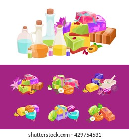 Homemade bars soaps, flowers and essential oil. vector icons set