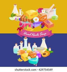 Homemade bars soaps, flowers and essential oil. vector icons set