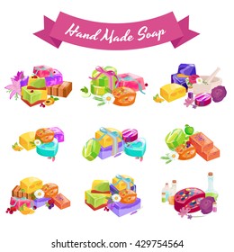 Homemade bars soaps, flowers and essential oil. vector icons set