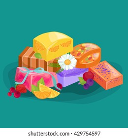 Homemade bars soaps, flowers and essential oil. vector icons set