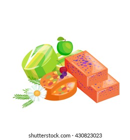 Homemade bars soaps, flowers and essential oil. vector icons set