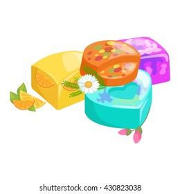 Homemade bars soaps, flowers and essential oil. vector icons set