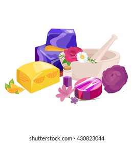 Homemade bars soaps, flowers and essential oil. vector icons set