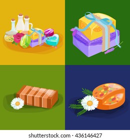 Homemade bars soaps, flowers and essential oil. vector icons set