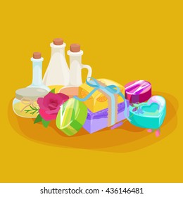 Homemade bars soaps, flowers and essential oil. vector icons set