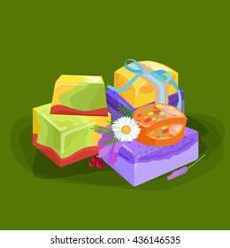 Homemade bars soaps, flowers and essential oil. vector icons set