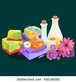 Homemade bars soaps, flowers and essential oil. vector icons set