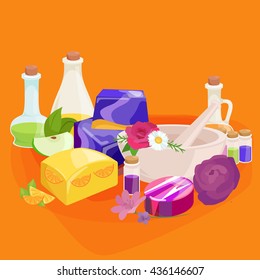 Homemade bars soaps, flowers and essential oil. vector icons set