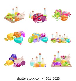 Homemade bars soaps, flowers and essential oil. vector icons set