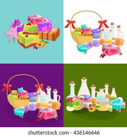 Homemade bars soaps, flowers and essential oil. vector icons set