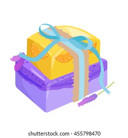 Homemade bars soaps, flowers and essential oil. vector icons set