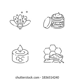 Homemade bee products linear icons set. Flower pollen, natural cosmetics, beeswax candle and propolis. Customizable thin line contour symbols. Isolated vector outline illustrations. Editable stroke