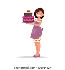 Homemade birthday cake. Housewife   holds a beautiful cake. Vector illustration in a flat style svg