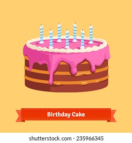 Homemade birthday cake with a pink frosting. Flat style illustration. EPS 10 vector.