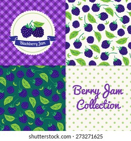 Homemade blackberry jam collection. Paper label and seamless patterns with Gingham, Polka Dot and Berries on color and light background. Perfect for wallpaper, wrapping paper, textile, package design