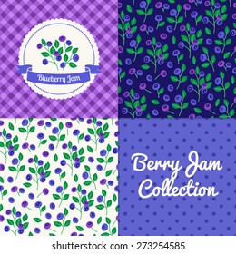 Homemade blueberry jam collection. Paper label and seamless patterns with Gingham, Polka Dot and Berries on color and light background. Perfect for wallpaper, wrapping paper, textile, package design