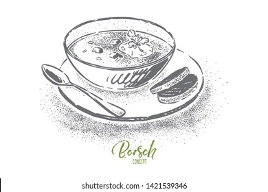 Homemade borscht with sour cream, traditional ukrainian, russian dish, delicious dinner, national slavic cuisine. Beetroot soup with bread slices concept sketch. Hand drawn vector illustration