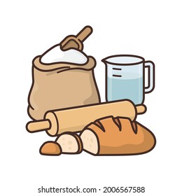 Homemade bread, bag of flour, rolling pin and measuring cup isolated vector illustration for #homemadebreadday on November 17.