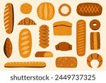 Homemade bread. Hand drawn bakery assortment of natural products, fresh rolls baguette croissant bagel muffin, tasty breakfast. Vector set. Fresh delicious pastry food, bun and donut