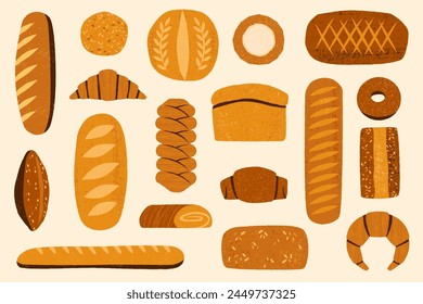 Homemade bread. Hand drawn bakery assortment of natural products, fresh rolls baguette croissant bagel muffin, tasty breakfast. Vector set. Fresh delicious pastry food, bun and donut