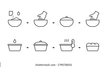 Homemade bread, instruction for baking with dry instant yeast. Cooking process with kneading dough, second rise. Flour, oil, water, bowl, cake pan, hand. Linear icon. Black contour vector illustration