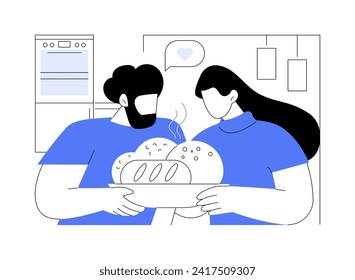 Homemade bread isolated cartoon vector illustrations. Happy couple preparing homemade bread together in the kitchen, cooking at home with pleasure, aromatic smell of baking vector cartoon.