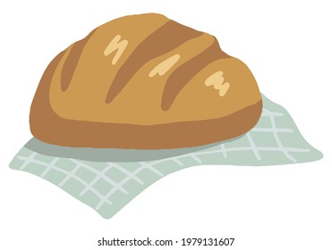 Homemade bread on the napkin. Hand drawn vector illustration of cottagecore aesthetic. Simple drawing isolated on white. Single clipart for decor, menu, sticker, design, postcard, print. Food doodle.