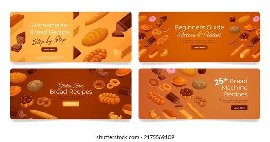 Homemade bread recipes beginners guide landing page template set vector illustration. Collection cooking bakery at home instructions homepage user interface. Healthy nutrition cuisine delicious menu