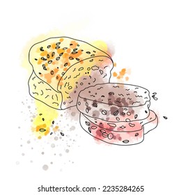 Homemade bread, soft sliced pieces on a watercolor background, doodle